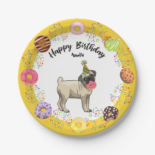 Funny Cute Pug Dog Doughnuts Birthday Party Paper Plate (Front)