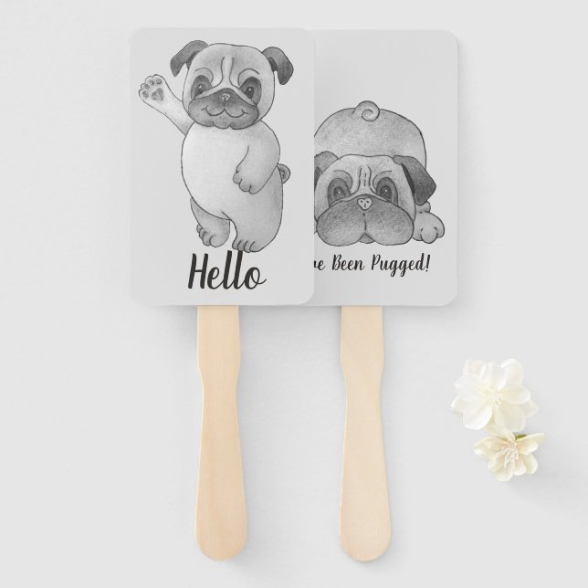 funny cute pug waving picture with fun slogan hand fan (Front and Back)