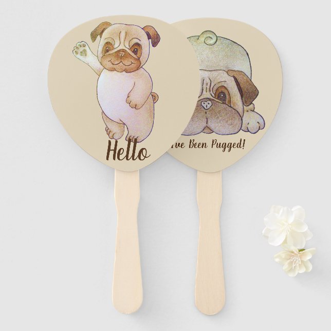 funny cute pug waving picture with fun slogan hand fan (Front and Back)