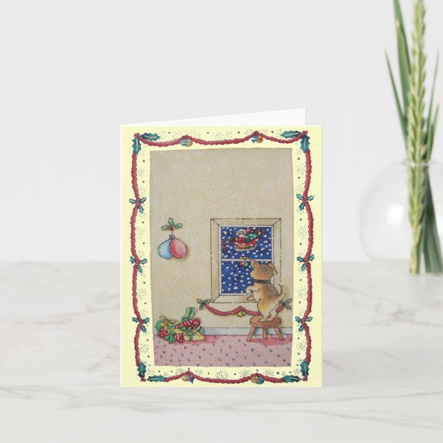 Funny cute puppy and father Christmas sleigh Holiday Card (Front)