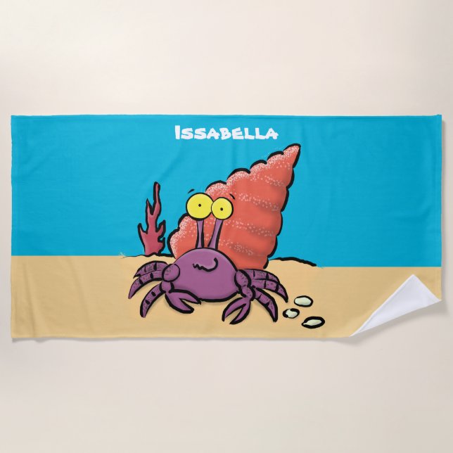 Funny cute purple cartoon hermit crab beach towel (Front)