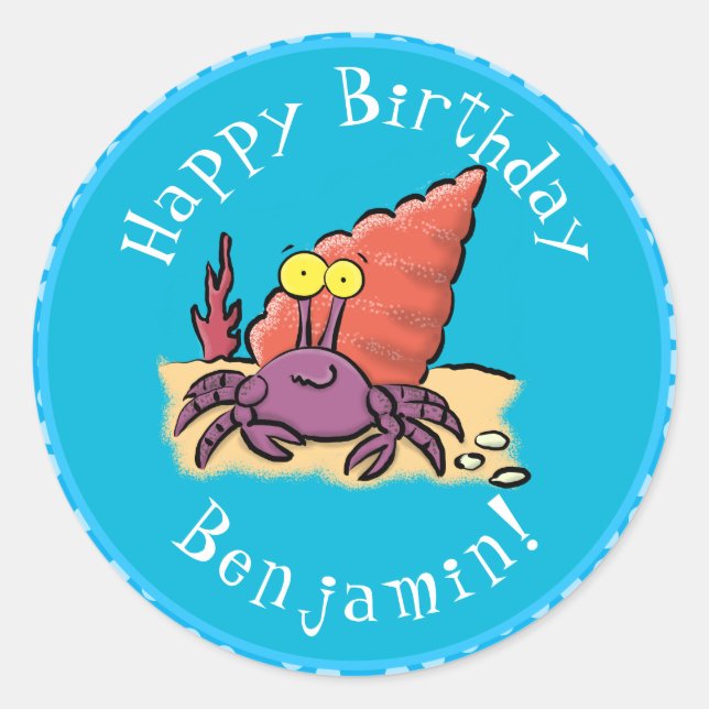 Funny cute purple cartoon hermit crab classic round sticker (Front)