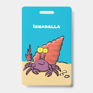 Funny cute purple cartoon hermit crab ID badge