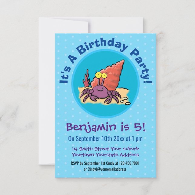Funny cute purple cartoon hermit crab invitation (Front)