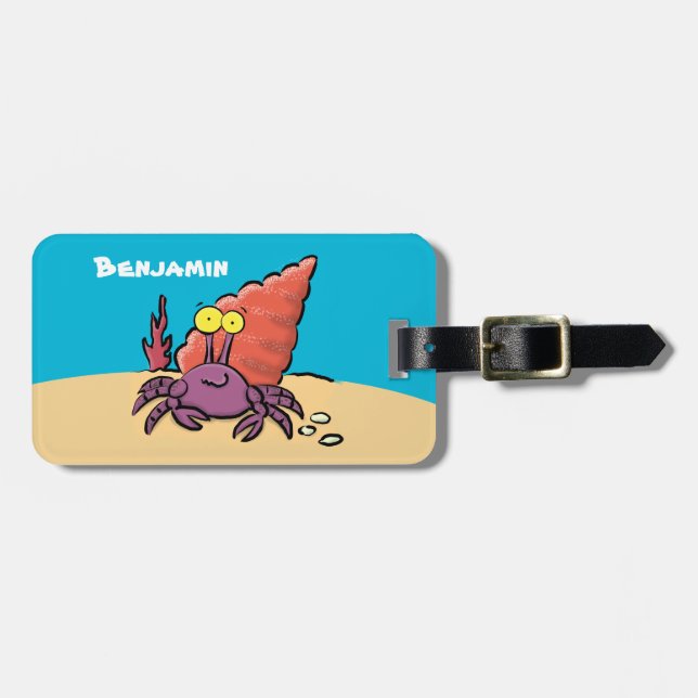 Funny cute purple cartoon hermit crab luggage tag (Front Horizontal)