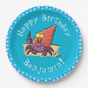 Funny cute purple cartoon hermit crab paper plate