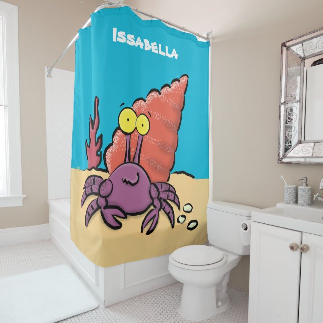 Funny cute purple cartoon hermit crab shower curtain (In Situ)