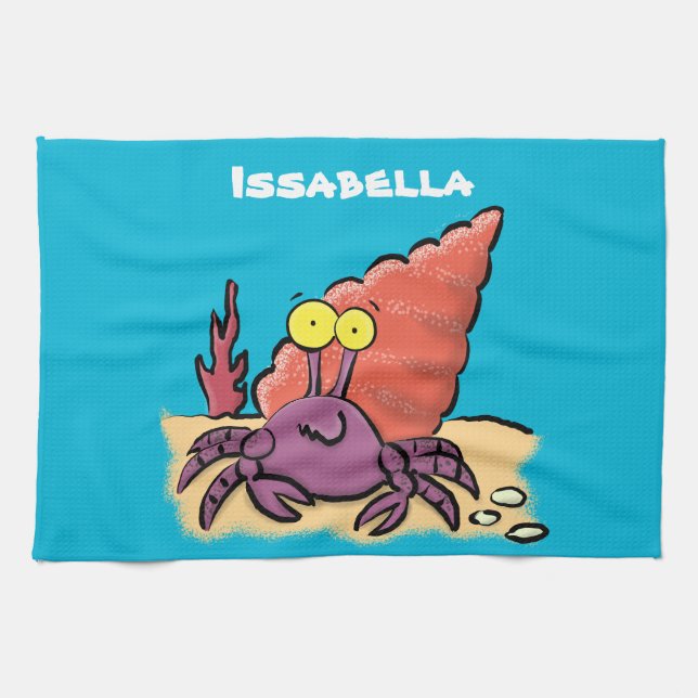 Funny cute purple cartoon hermit crab tea towel (Horizontal)