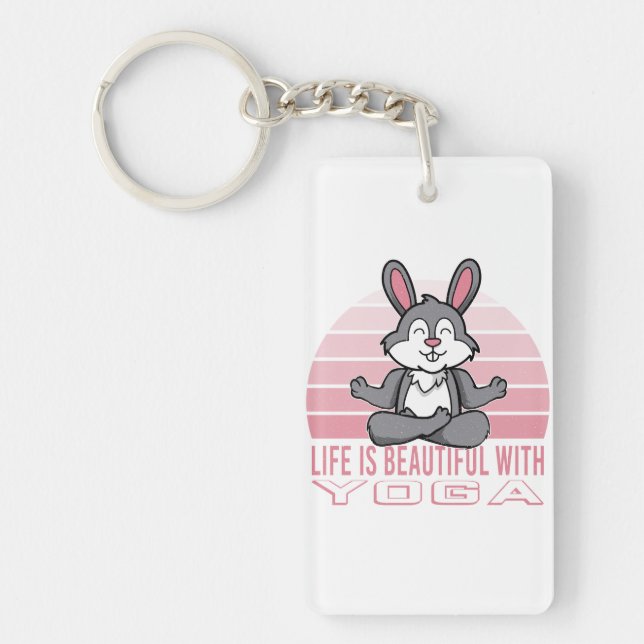 Funny cute rabbit doing yoga. funny yoga poses key ring (Front)