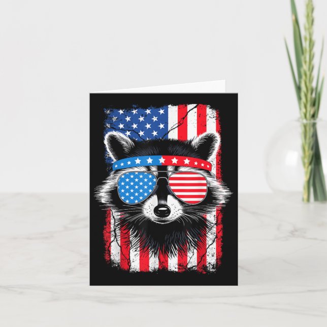Funny Cute Racoon Sungles 4th Of July Patriotic U Card (Front)