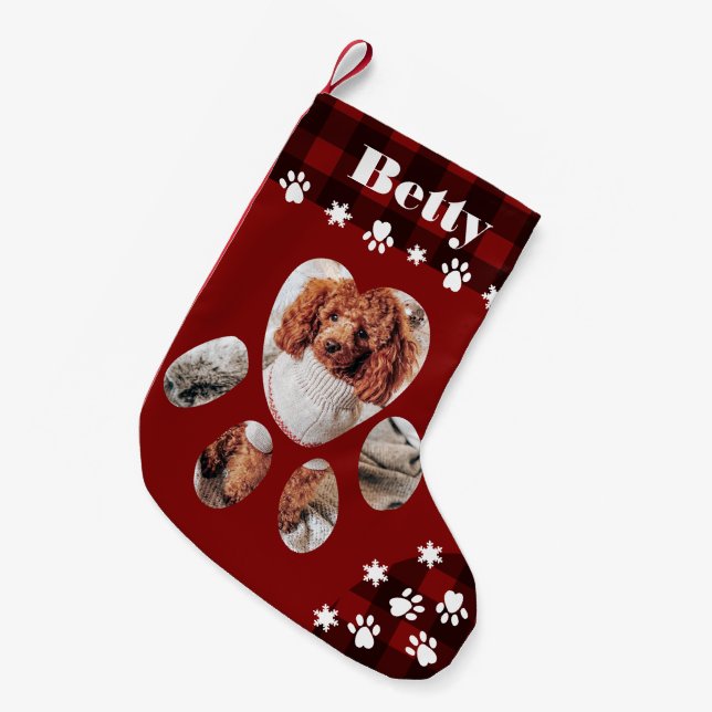 Funny cute red dog paw pet photo Christmas plaid Small Christmas Stocking (Front (Hanging))