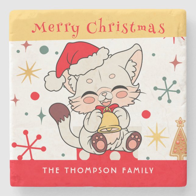 Funny Cute Red Green Monogram Christmas Santa Cat Stone Coaster (Front)