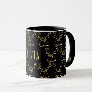 Funny Cute Reindeer Pattern Black Faux Gold Mug