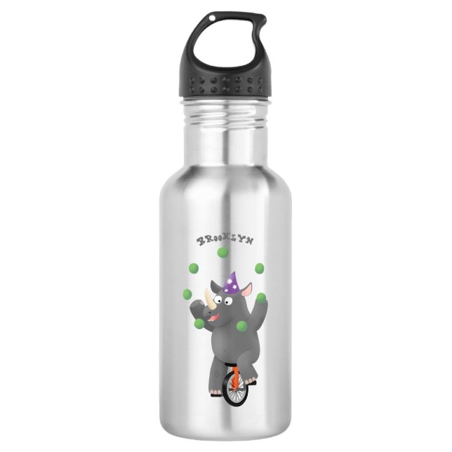 Funny cute rhino juggling on unicycle 532 ml water bottle (Front)