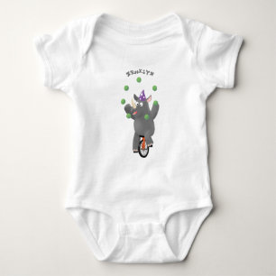 Funny cute rhino juggling on unicycle baby bodysuit