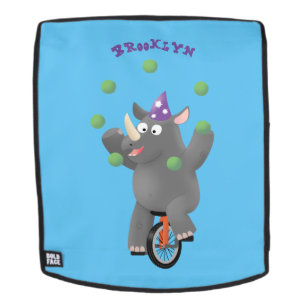Funny cute rhino juggling on unicycle backpack