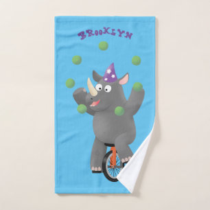 Funny cute rhino juggling on unicycle bath towel set