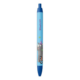 Funny cute rhino juggling on unicycle black ink pen