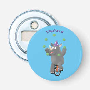 Funny cute rhino juggling on unicycle bottle opener