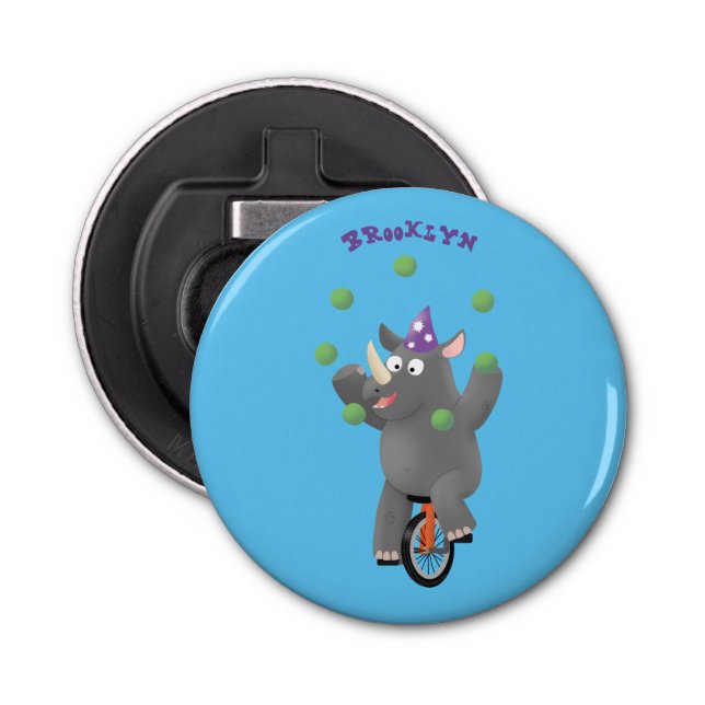 Funny cute rhino juggling on unicycle bottle opener (Front)