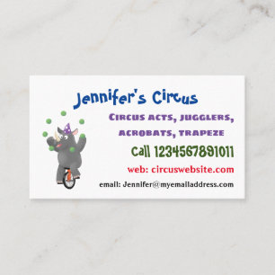 Funny cute rhino juggling on unicycle business card