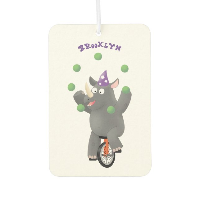 Funny cute rhino juggling on unicycle  car air freshener (Front)