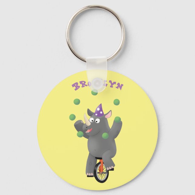 Funny cute rhino juggling on unicycle cartoon key ring (Front)