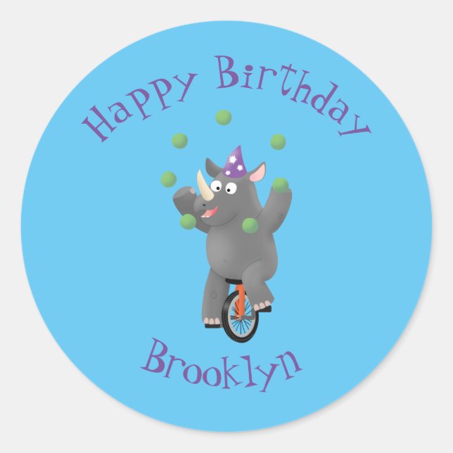 Funny cute rhino juggling on unicycle classic round sticker (Front)