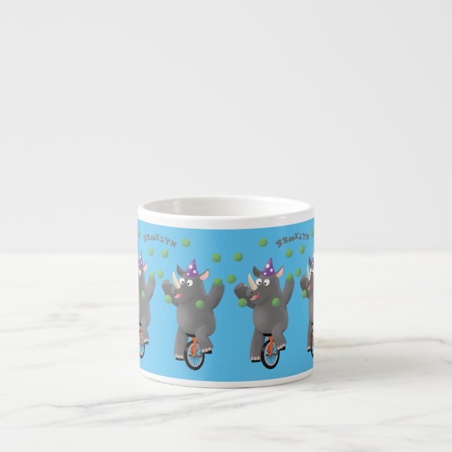 Funny cute rhino juggling on unicycle espresso cup (Front)