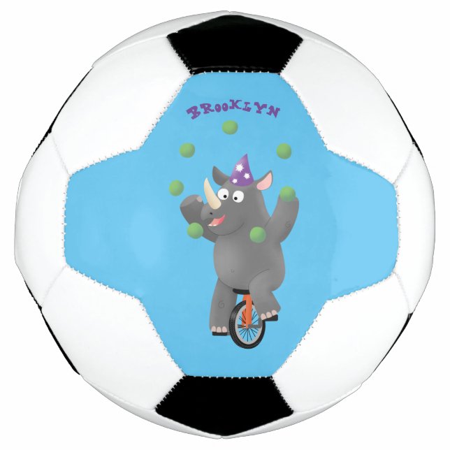 Funny cute rhino juggling on unicycle football (Front)