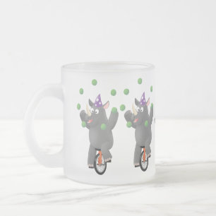 Funny cute rhino juggling on unicycle frosted glass coffee mug