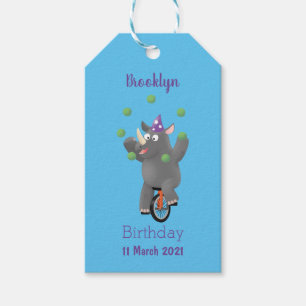 Funny cute rhino juggling on unicycle gift tags