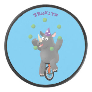 Funny cute rhino juggling on unicycle hockey puck