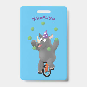 Funny cute rhino juggling on unicycle ID badge