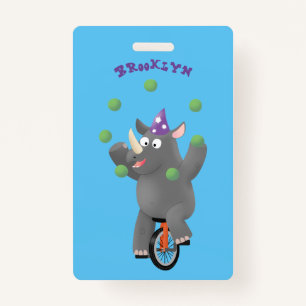 Funny cute rhino juggling on unicycle ID badge