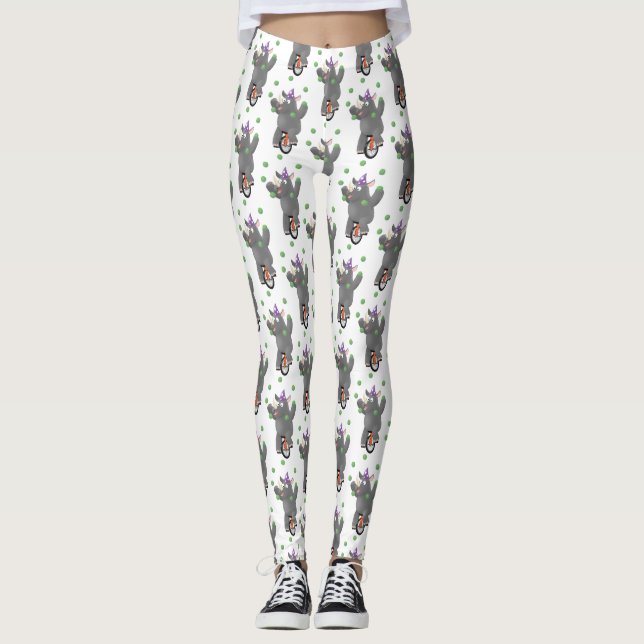 Funny cute rhino juggling on unicycle leggings (Front)