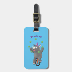 Funny cute rhino juggling on unicycle luggage tag