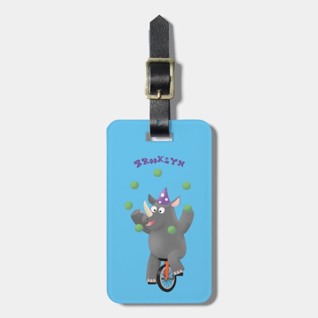 Funny cute rhino juggling on unicycle luggage tag (Front Vertical)