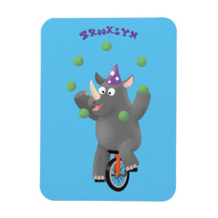 Funny cute rhino juggling on unicycle magnet