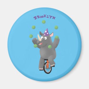Funny cute rhino juggling on unicycle magnet