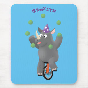 Funny cute rhino juggling on unicycle mouse mat