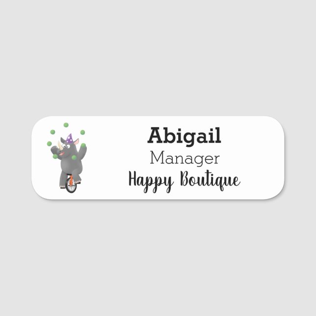 Funny cute rhino juggling on unicycle name tag (Front)