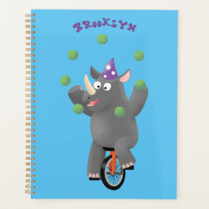 Funny cute rhino juggling on unicycle planner