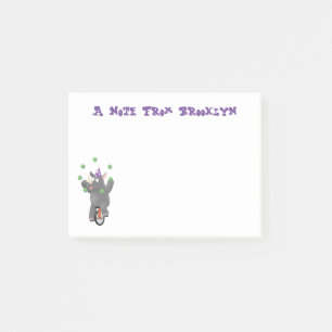 Funny cute rhino juggling on unicycle post-it notes