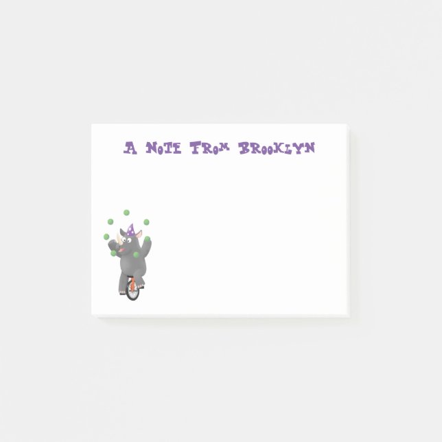 Funny cute rhino juggling on unicycle post-it notes (Front)