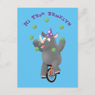 Funny cute rhino juggling on unicycle postcard