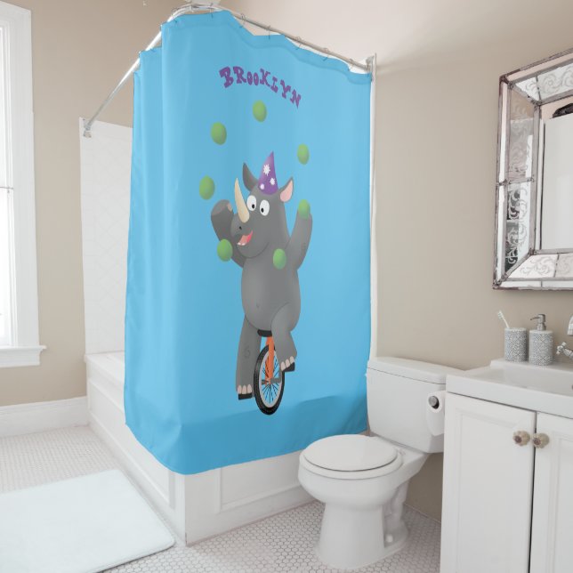 Funny cute rhino juggling on unicycle shower curtain (In Situ)
