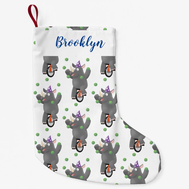 Funny cute rhino juggling on unicycle small christmas stocking (Front)