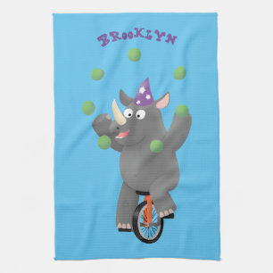 Funny cute rhino juggling on unicycle tea towel