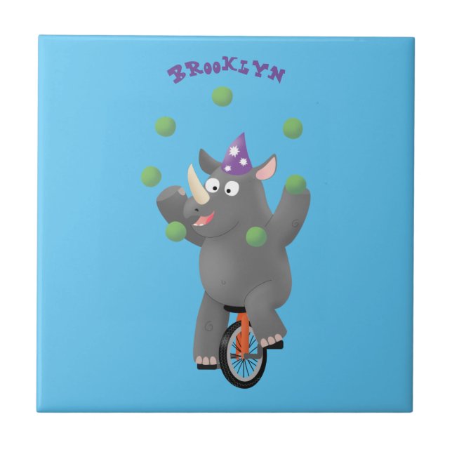 Funny cute rhino juggling on unicycle tile (Front)